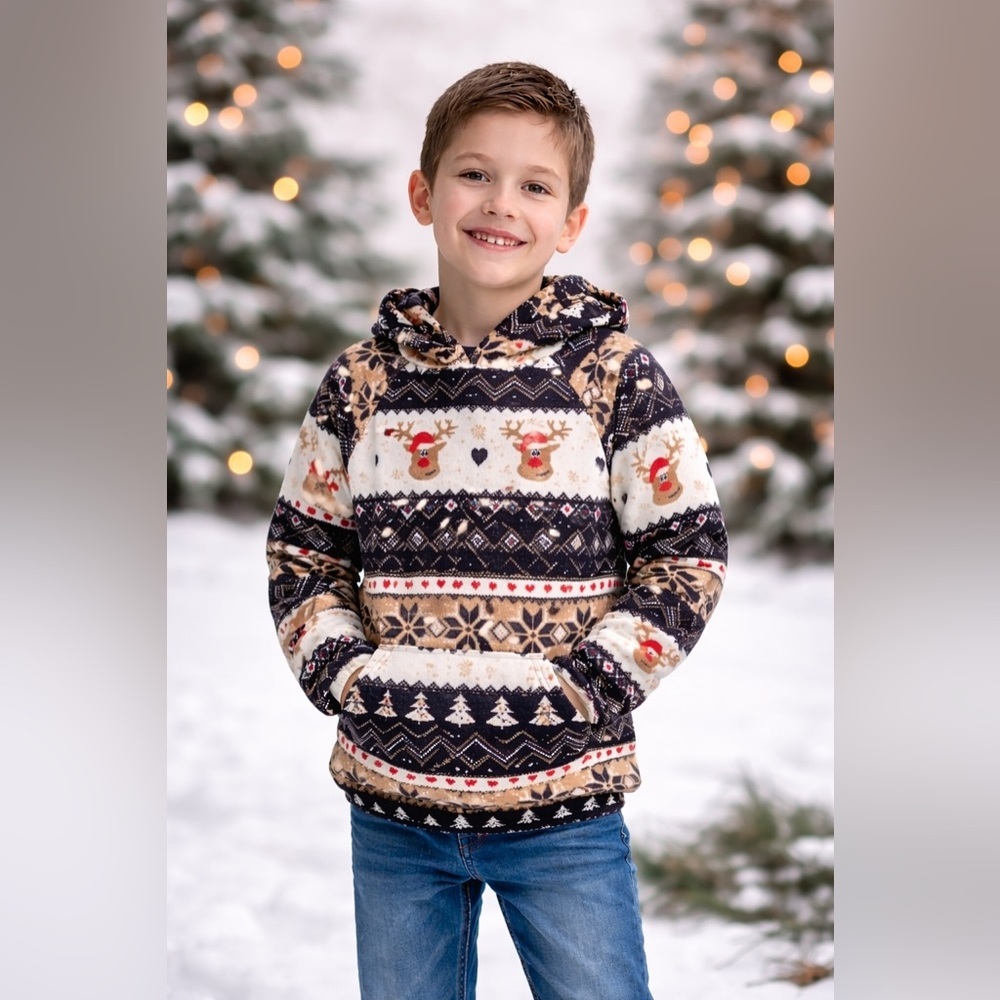 🎄 Kids Reindeer Christmas Hoodie Cozy Winter Fleece NWOT‎ 7-9✨
